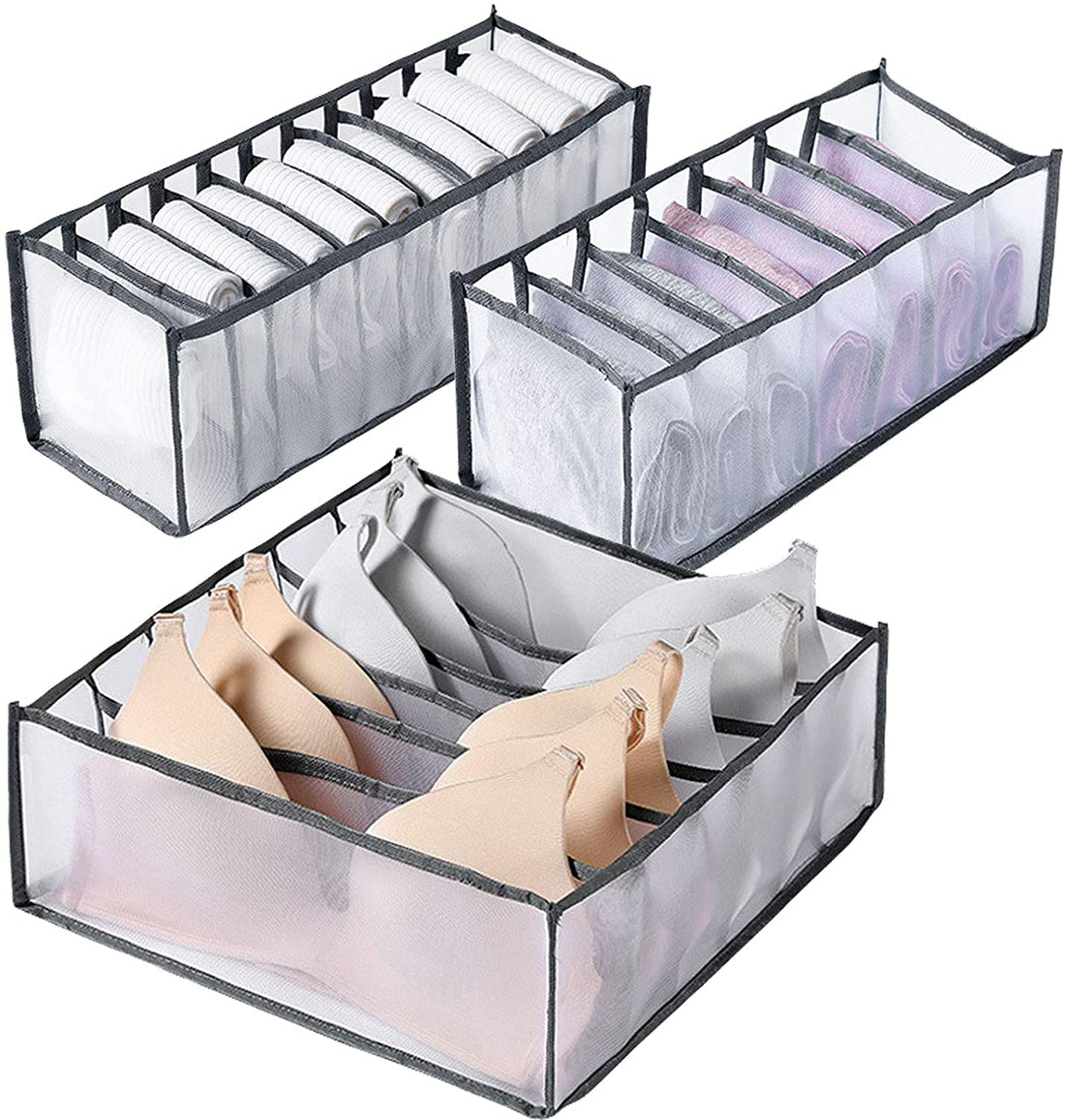 TALITARE Underwear Drawer Organiser, 3 Pcs Collapsible Storage Box with 6/7/11 Lattice Compartments Divider for Bras, Socks, Underwear, Ties Scarves, and Handkerchiefs (Grey)