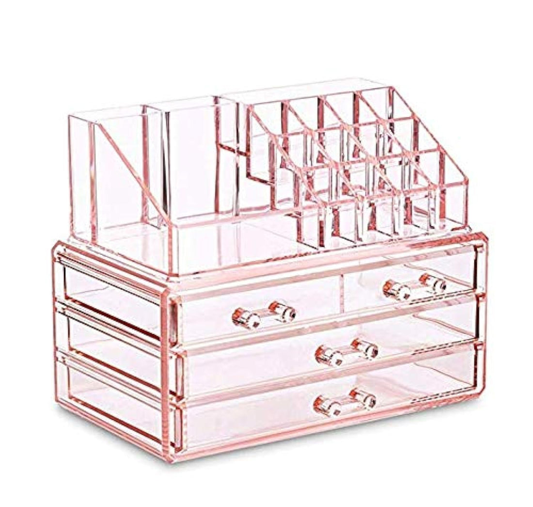 Acrylic Jewelry Cosmetic Makeup Storage Display Boxes with Brush Holder and 4 Drawer Set, Pink