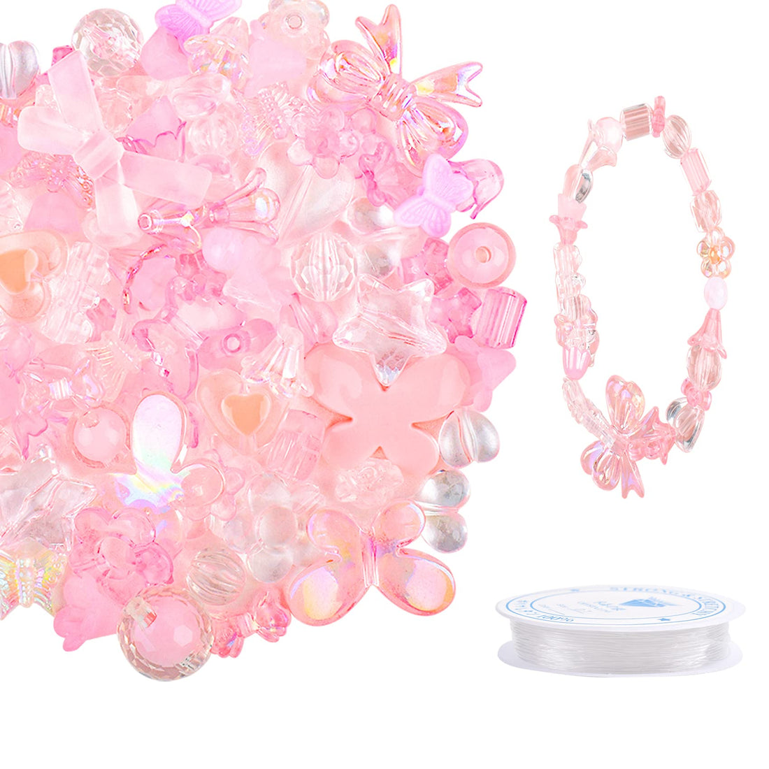 160PCS Cute Beads for Jewelry Making, Bracelet Making Kit for Adults, Acrylic Plastic Crystal Pink Beads for Flower Heart Star Butterfly Bow Ties for Bracelet Making, Hair Beads for Braids for Girls