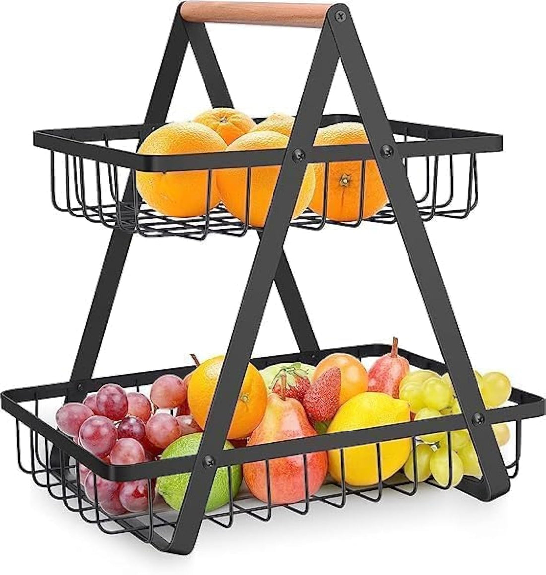 LANDTOM® 2 Tier Countertop Fruit Basket Bowl for Kitchen, Kitchen Counter Metal Wire Storage Basket Fruits Stand Holder Organizer for Bread Snack Veggies Produce Rectangular, Black (D)