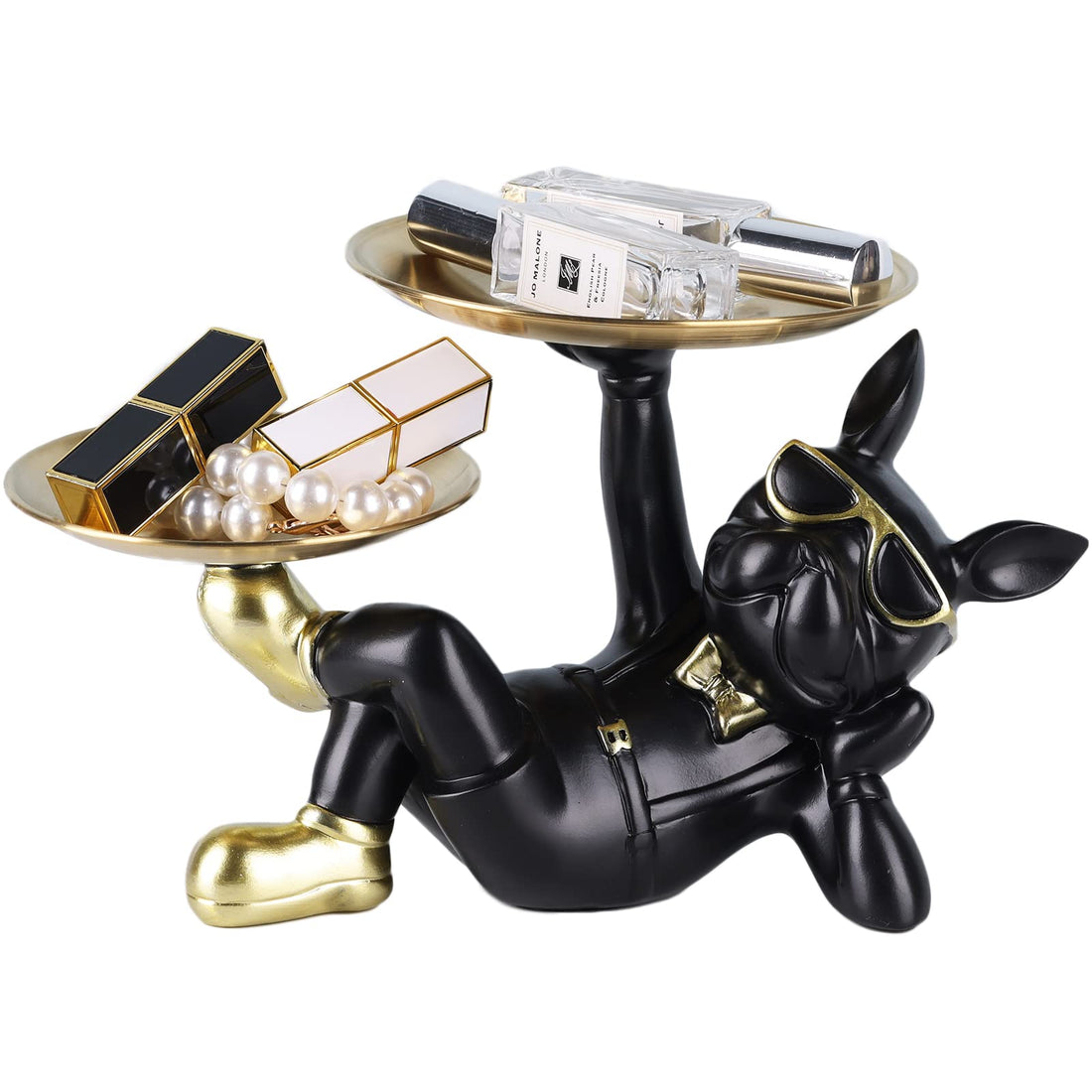 SHENGTIAN French Bulldog Butler Statue with Two Tray Storage Key Holder Candy Jewelry Earrings Tray Suitable for Home Decor Modern Art Dining Table Decor Office Small Object Tray Dog Sculpture (Black)