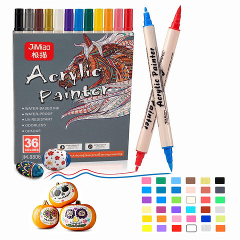 Acrylic Paint Pens 36 Colors,Brush and Fine Tips Acrylic Markers Kit for Rock Wood Glass Stone Pebble Ceramic Craft Painting,Water Based Paint Art Pens for Graffiti Christmas Gift Easter Egg Pumpkin