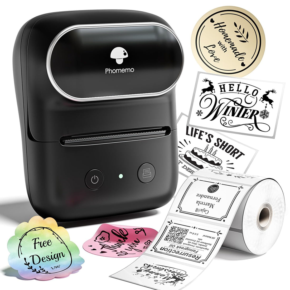 Phomemo M108 Label Makers - Barcode Label Printer Bluetooth Portable Thermal for Small Business, Address, Logo, Clothing, Mailing, Sticker for Phones & PC, Black (M108)
