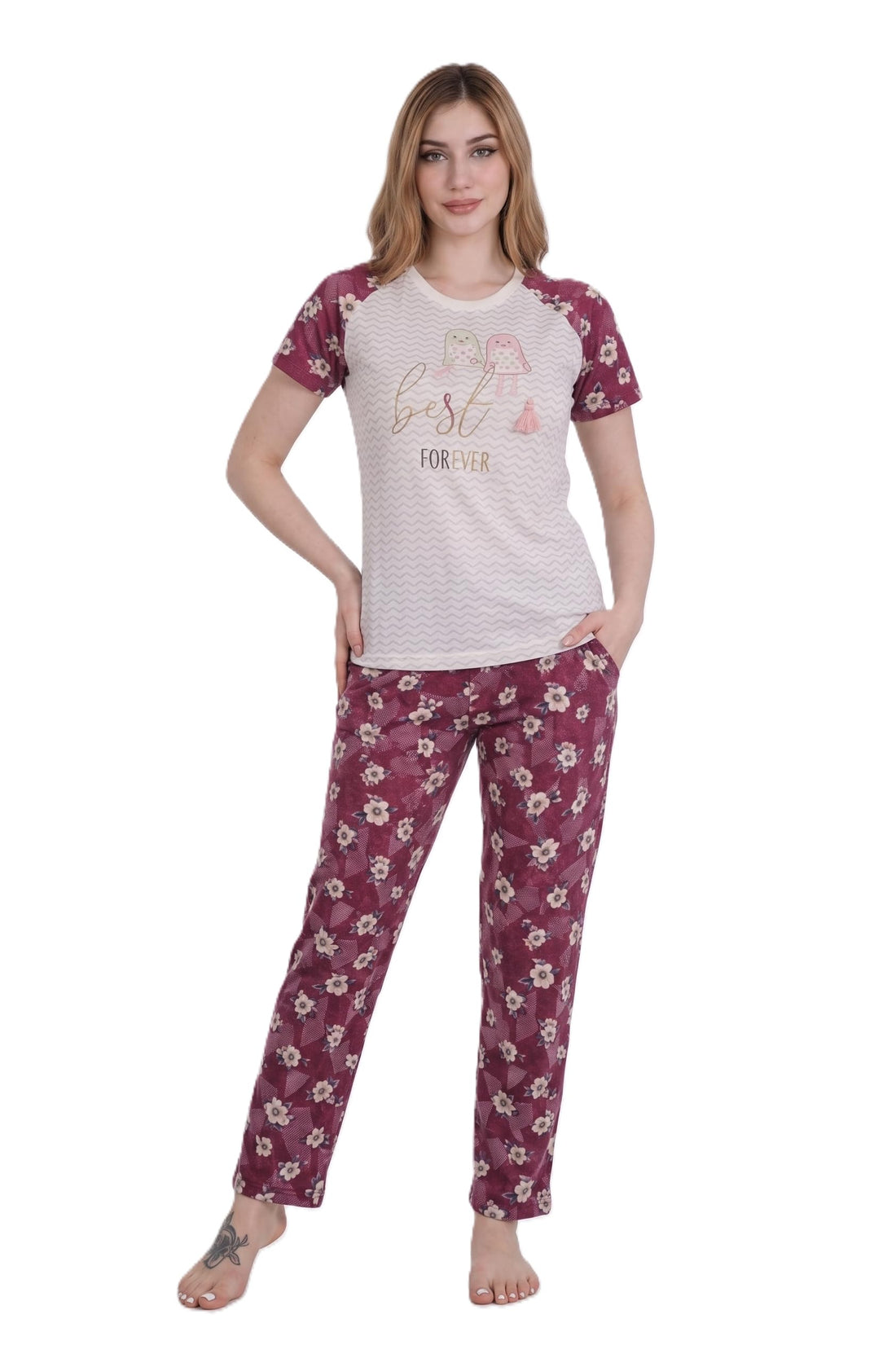 Sondos Code 5032 Pure Cotton Lycra Pajamas - Summer Women Pajama Set (T-Shirt & Pants) Super Comfortable - 60 to 90 K - [Navy/Mint/Mauve]