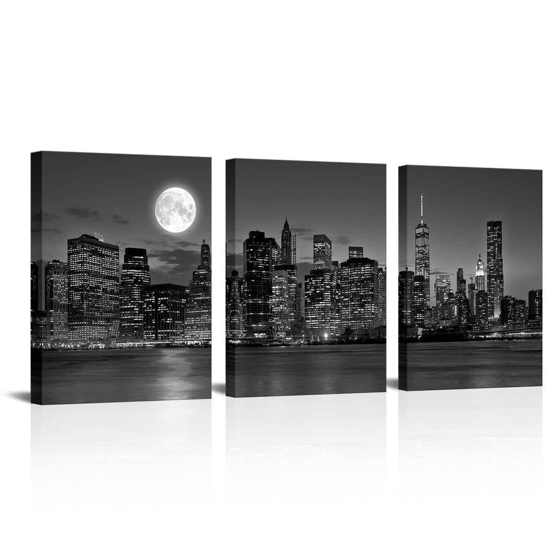 HOMEOART New York City Night Skyline Wall Art Full Moon Landscape Black and White Picture Canvas Prints Manhattan City Poster Framed Artwork Living Room Bedroom Decor 12"x16"x3 Pieces