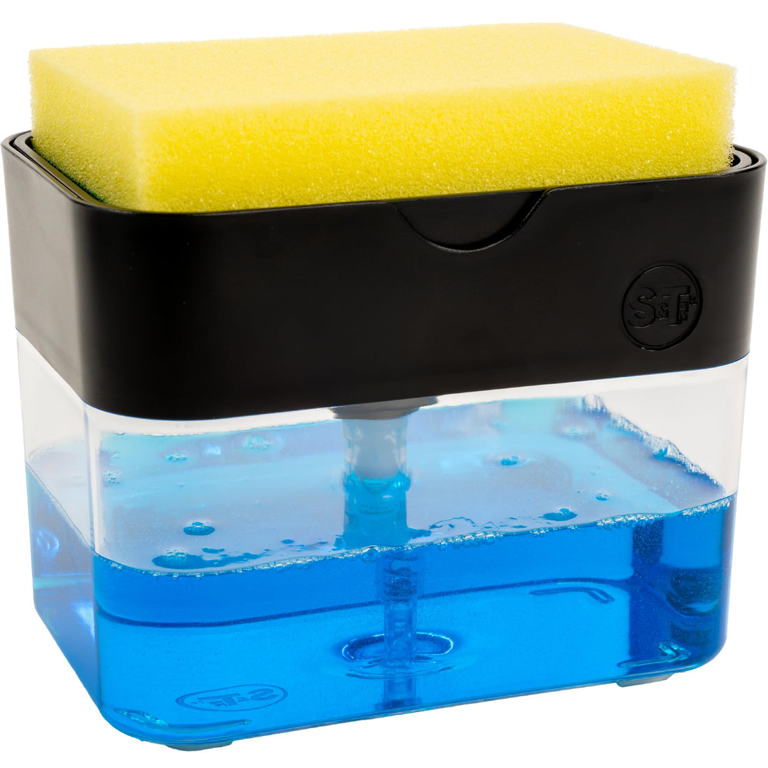 S&T INC. Dish Soap Dispenser and Sponge Holder for Kitchen Sink with Enhanced Features, Sponge Included, 13 Ounces, Matte Black