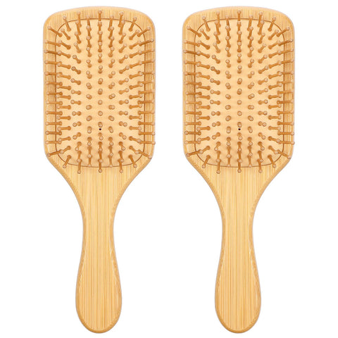 2 Pcs Bamboo Hair Brush with Paddle Rounded Wood Bristles Hairbrush for Women Detangling and Gently Massaging Scalp Wooden Paddle Hairbrush for All Hair Types Growth