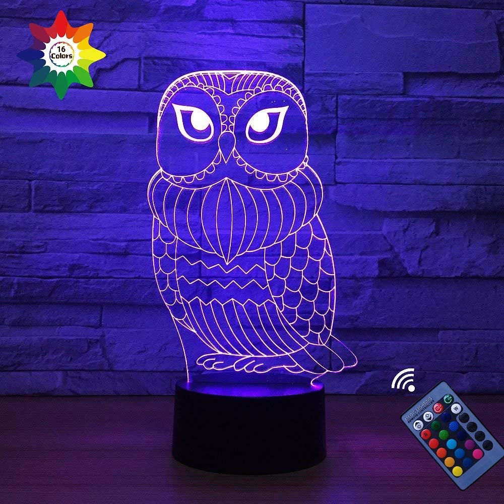 Creative 3D Owl Night Light 16 Colors Changing USB Power Remote Control Touch Switch Decor Lamp Optical Illusion Lamp LED Table Desk Lamp Children Kids Christmas Brithday Gift