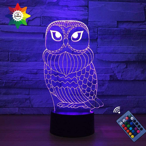Creative 3D Owl Night Light 16 Colors Changing USB Power Remote Control Touch Switch Decor Lamp Optical Illusion Lamp LED Table Desk Lamp Children Kids Christmas Brithday Gift