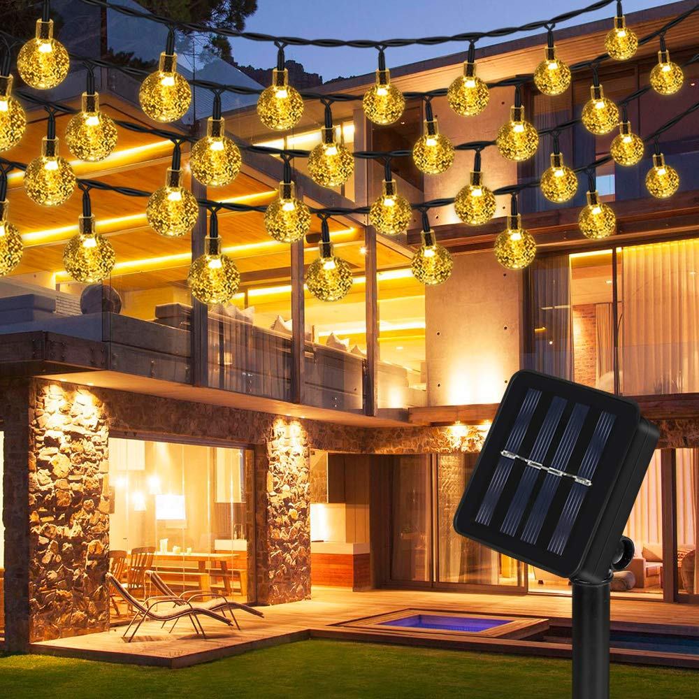 LED Solar Fairy Lights, 6.5 m, 30 LEDs, 8 Modes, IP65 Waterproof, Warm White Fairy Lights, Crystal Balls with Light Sensor, Outdoor Fairy Lights Decoration for Garden, Trees, Christmas, Weddings,