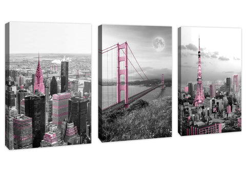 JLXART Wall Art for Bedroom Golden Gate Bridge Pink Home Artwork City Pictures Prints On Canvas for Living Room Bathroom Wall Decor Each Piece is 12x16inch