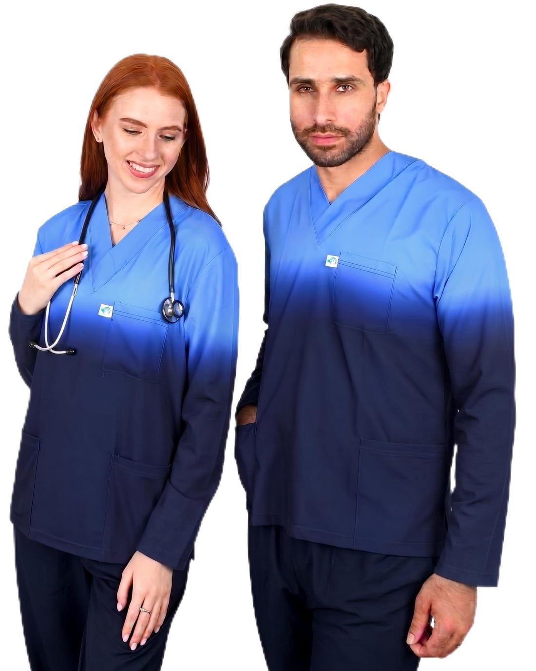 SKYBLUE Medical Scrub printed Hospital unisex-dental - Surgical scrubTop only -lONG SLEEVE - Doctor Scrub -Medical Uniform طويل توب فقط كم -VET