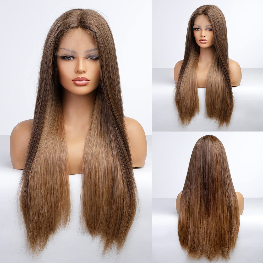 ECIF Brown Lace Front Wigs Long Wave Curly Middle Part Wigs For Women Natural Glueless Heat Resistant Synthetic Wigs For Daily Use Dating Party Cosplay Taking Photos