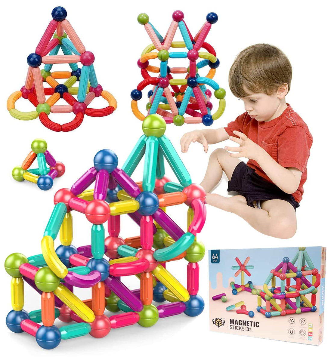 64 PCS Magnetic Balls and Rods Building Sticks Blocks Set, Children's Magnetic Building Blocks, 3D Magnetic Building Puzzle Toys. STEM Stacking Toys for Boys & Girls 3+