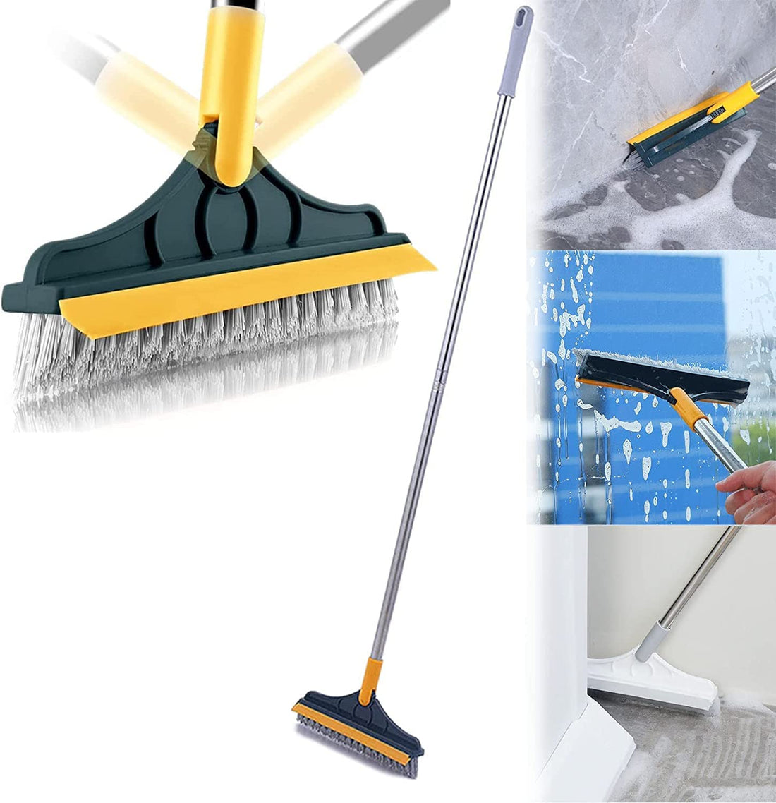 2 in 1 Floor Scrub Brush with Squeegee And Long Handle, Rotating 120 Degree Triangular Rotating Brush Head Assotred Colors