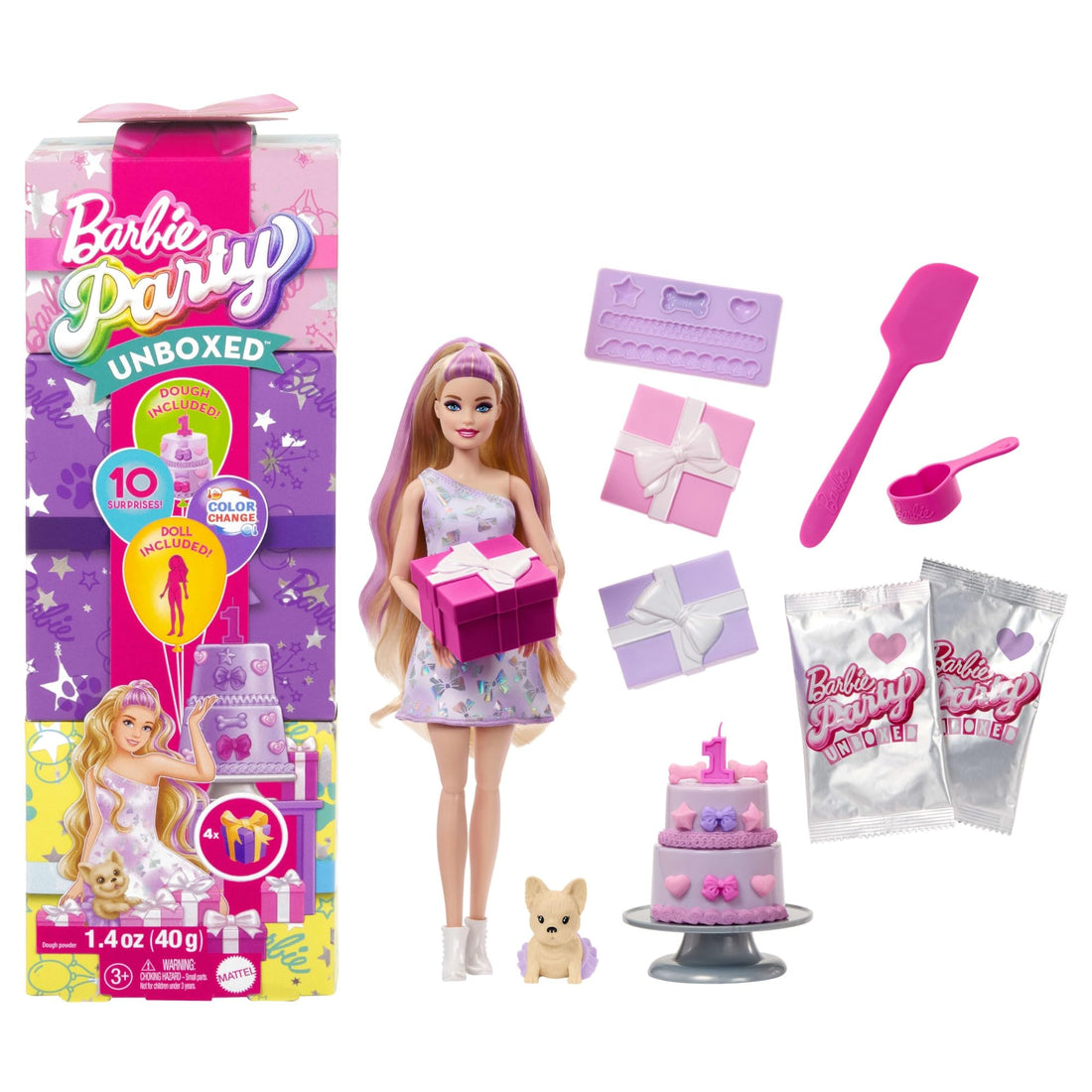 Barbie Party Unboxed Doll and Accessories, Pet Birthday Series, Birthday Bows Set with 10 Surprises Including Colour Changing Effect and Cake Decoration JFG70