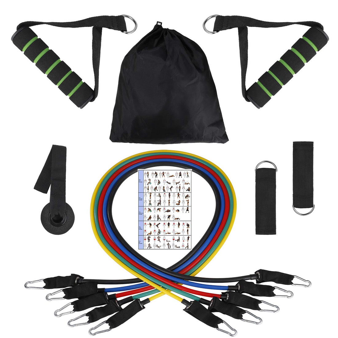 Set of Resistance Bands Fitness Elastic Bands with Handles Hook for Door Fastening Straps Toe and Bag 11 Pieces 100lb