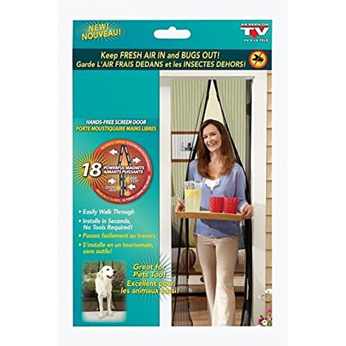 A magnetic curtain that opens and closes easily to protect from insects is hung on the doors