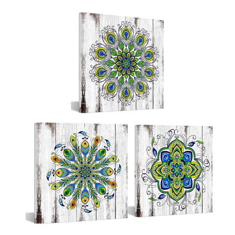 Biuteawal Mandala Wall Art Bedroom Decor Retro Peacock Flower Pattern Canvas Pictures Green Boho Floral Painting Prints Vintage Artwork Framed Home Bathroom Yoga Spa Decorations 12x12inchx3Panel