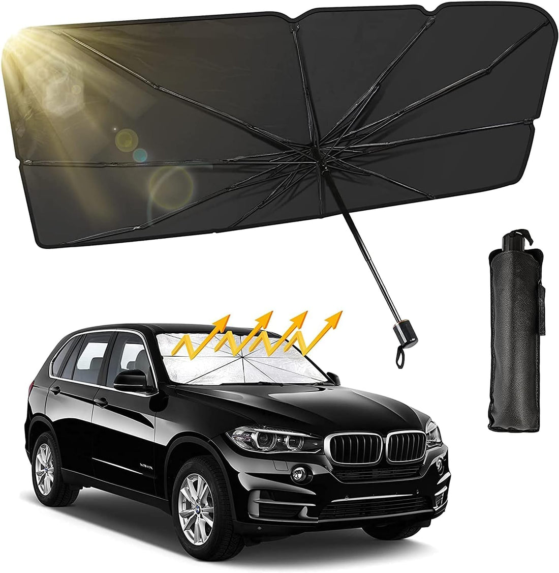 Car Sun Shade Umbrella, Foldable Sun Shade for Car Sun Protection from UV Rays and Sun Rays Suitable for Most Cars (122 * 65 cm) - Easy to Use and Store