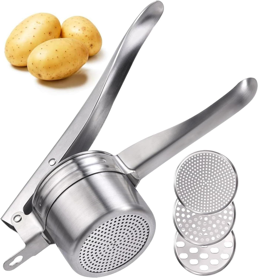 Stainless Steel Multifunctional Potato Masher Kitchen Tool for Potato Fruits Yams Squash Baby Food - with 3pcs Interchangeable Discs