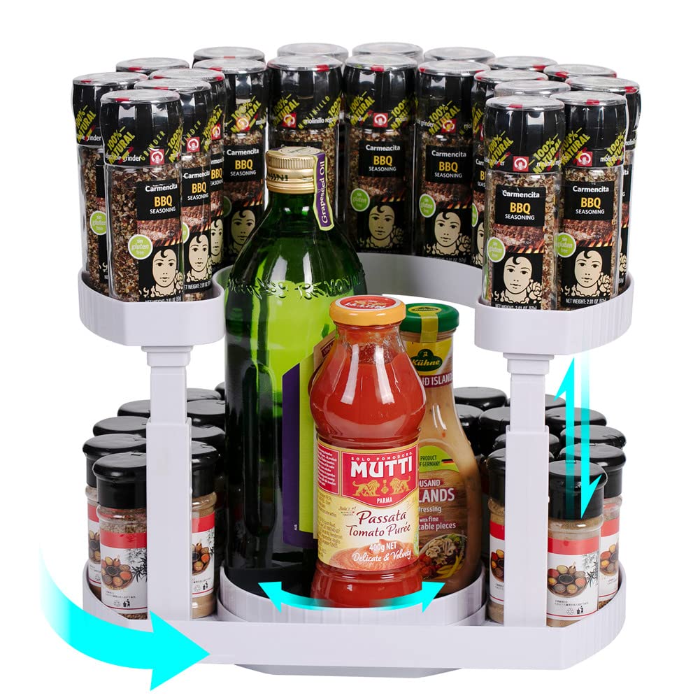 2 Tier Lazy Susan Turntable Rotating Spice Holder Spice Rack Organizer Racks for Spices Shelf w/Double Spinner Seasoning Organizer Deluxe Spice Racks for Cabinets