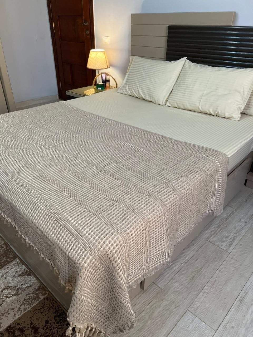 Generic Heavyweight Pique Cotton Bedspread with Tassels, Beige, 240x260 cm, .Ims