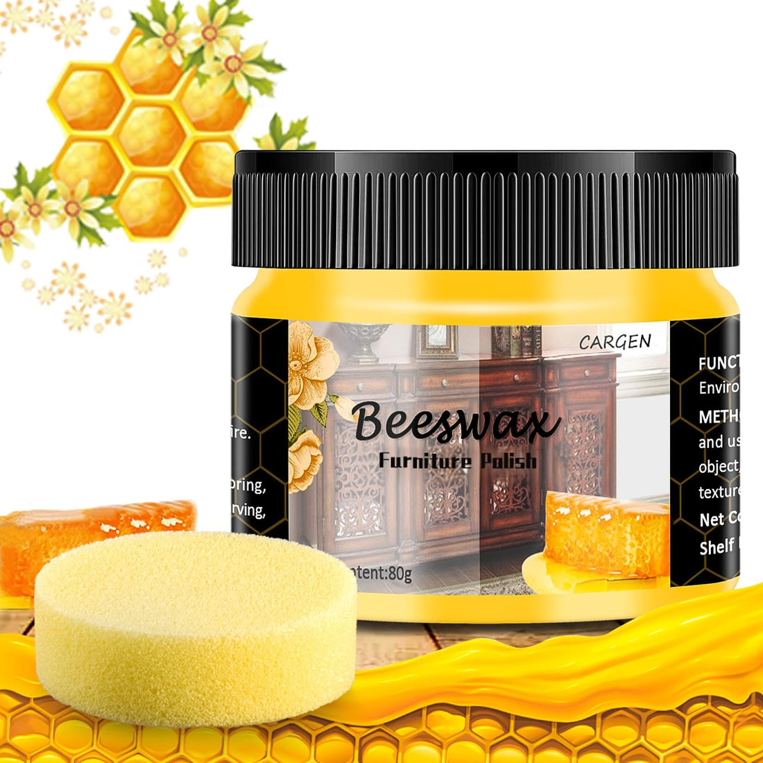 CARGEN Beeswax Furniture Polish, Wood Seasoning Beeswax for Furniture Wood Furniture Cleaner and Polish for Floor Tables Chairs Cabinets for Home Furniture to Protect and Care 1pcs Wood Wax and Sponge