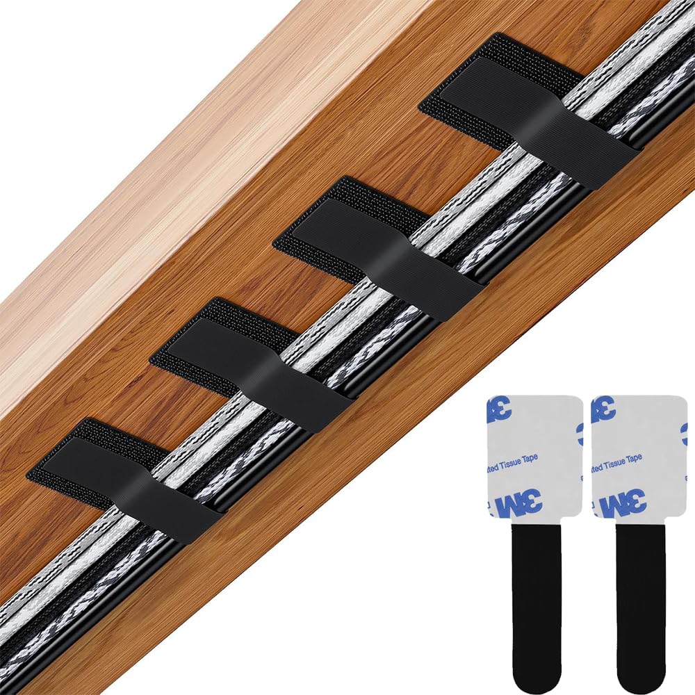 30PCS Black Hook and Loop Cable Straps – Self-Adhesive Reusable Wire Organizers for Desk Cable Management, Under-Desk Cord Bundles, Adjustable Ties for Home Office & Home Theater