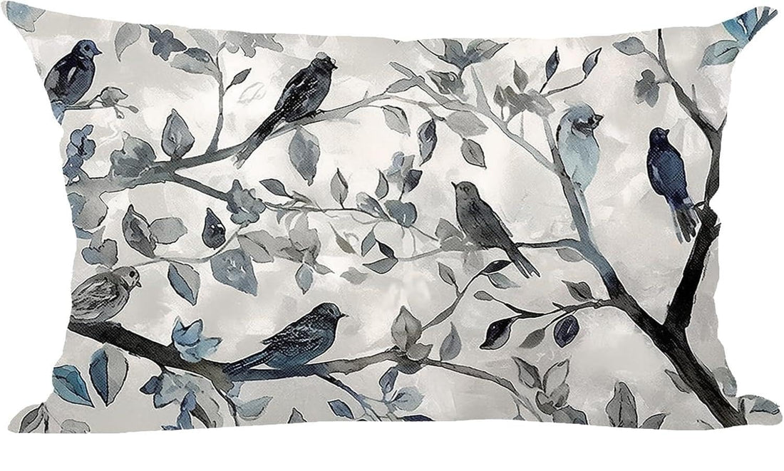 Ink Painting Watercolor Blue Grey Lovely Birds Tree Leaves Decorative Lumbar Throw Pillow Cover Case Home Living Room Bed Sofa Car Cotton Linen Rectangular 12 x 20 Inches