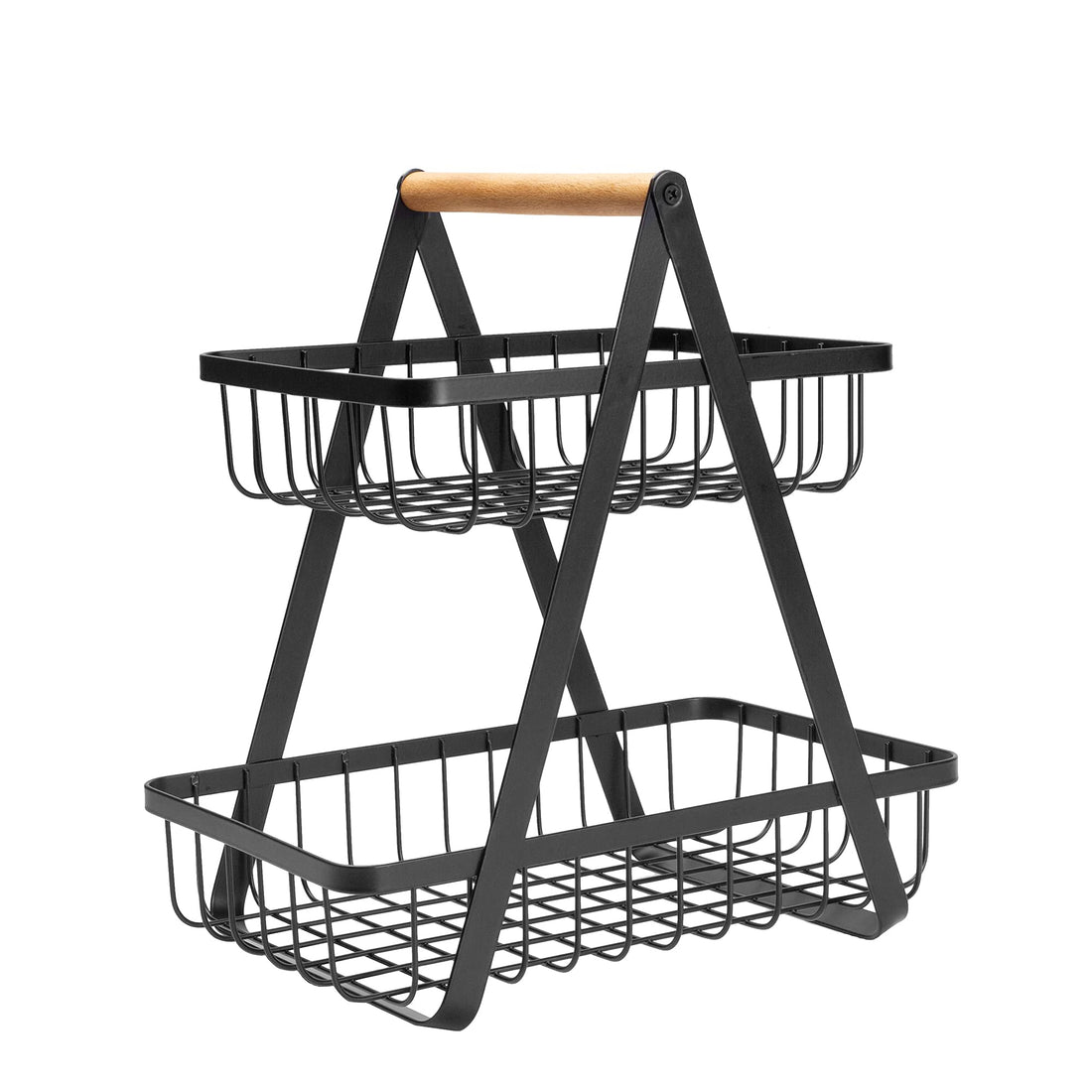 2 Tier Metal Wire Fruit Basket Countertop Organizer Display Stand with Wood handle, Bread Vegetable Spice Holder Rack for Home Kitchen Bathroom, Black