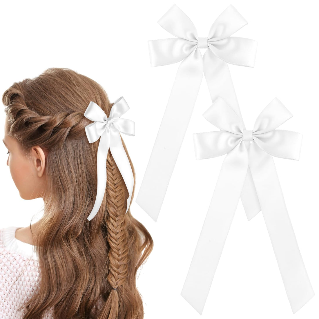 WLLHYF Pack of 2 Silky Satin Hair Bows Hair Clip French Hair Band Ponytail Holder Metal Slider Hair Clip Crocodile Clips Large Long Hair Accessories for Women Girls (White)