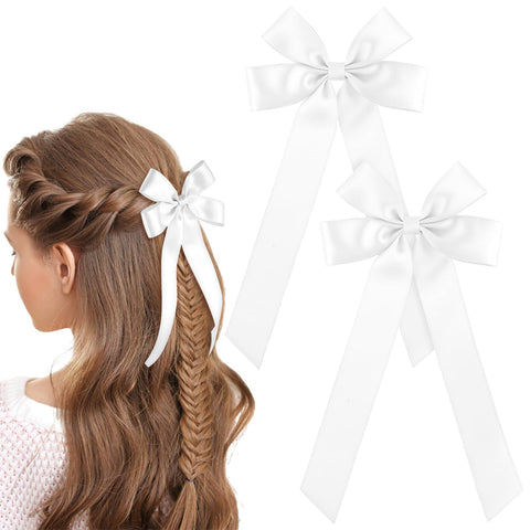 WLLHYF Pack of 2 Silky Satin Hair Bows Hair Clip French Hair Band Ponytail Holder Metal Slider Hair Clip Crocodile Clips Large Long Hair Accessories for Women Girls (White)