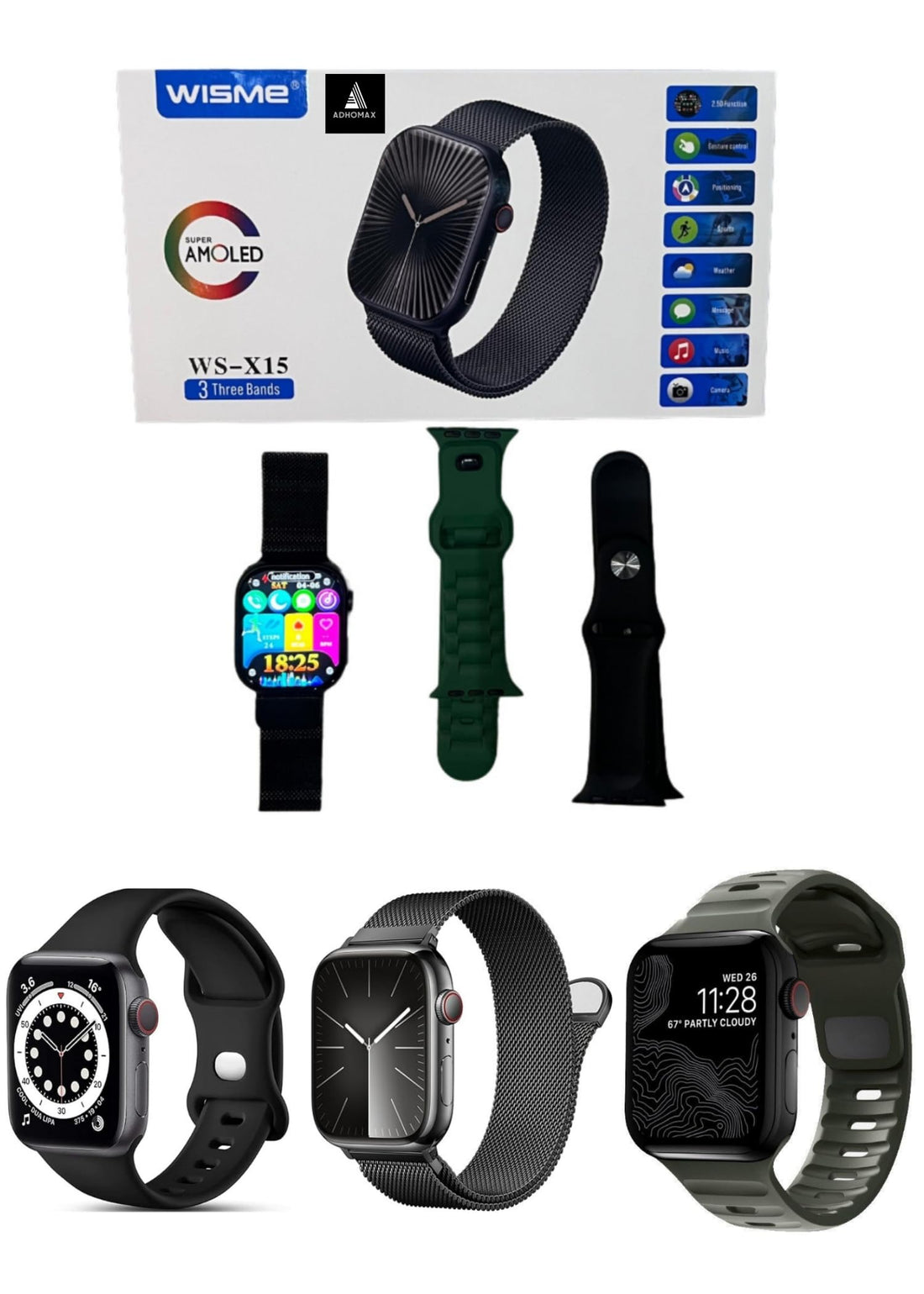 By Wisme WS-X15 Smart Watch, Super Amoled, 5D, Gesture Control, GPS, Calls, Fitness Tracker, BPM, Weather, Camera, Music, 3 Straps, IOS, android, men, women, 3 Months Warranty (Black)