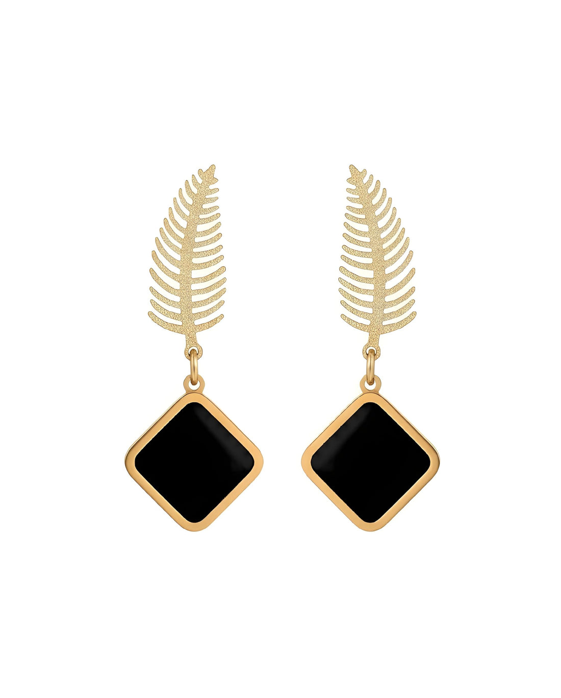 18K Gold Plated Fern Leaf Dangle Earrings, Black Geometric Square Drop Earrings for Women, Boho Tropical Jewelry