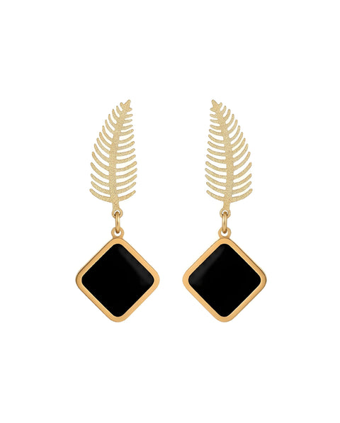 18K Gold Plated Fern Leaf Dangle Earrings, Black Geometric Square Drop Earrings for Women, Boho Tropical Jewelry