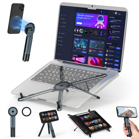 Portable Laptop Stand Travel, 3-in-1 Desk Tablet Mount Computer Holder Magnetic Phone Holder Tripod, for 10–15.6" Laptops and 4–13" Tablets/Phones, Compact Foldable Metal, 8-Level Height Adjustment