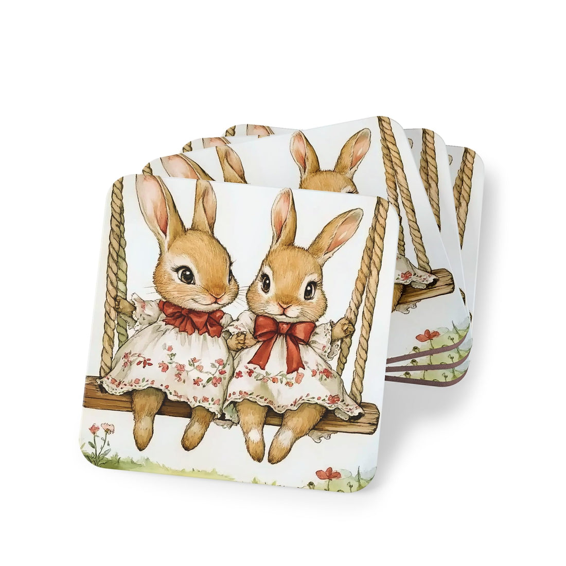 Rubber Coasters Set of 4 - Cute Rabbits on Hammock - Rubber Coasters - Non-Slip Heat Resistant Coasters - Kids Room Home Decor