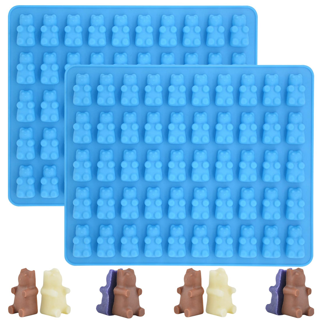 Gummy Bear Candy Molds, Set of 2, BPA Free Mini Gummy Bear Silicone Molds for Kids, 100-Cavity Gummie Trays Molds for Chocolate Caramel Ganache Ice Cube, 7.3 x 5.3 x 0.3 inches, Blue