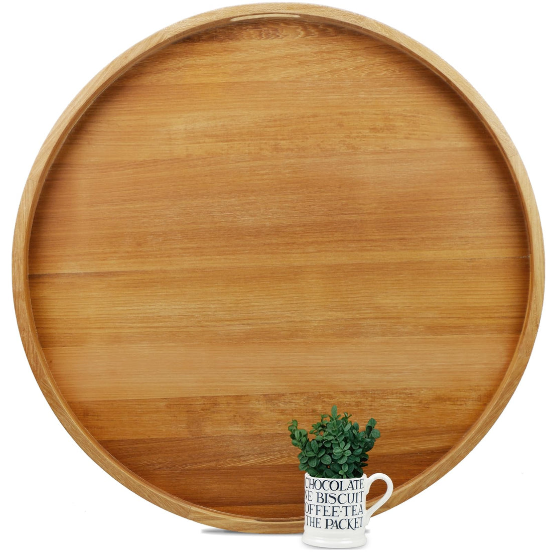 30 Inches Extra Large Round Teak Wood Ottoman Tray with Handles, Serve Tea, Coffee, Classic Circular Wooden Decorative Serving Tray
