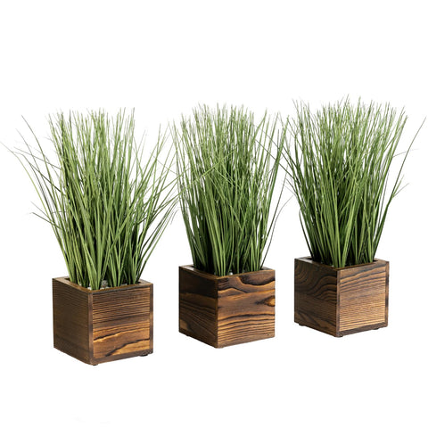 MyGift Artificial Green Grass Plants Trio in Rustic Burnt Solid Wood Planter Boxes, Faux Greenery in Decorative 4 Inch Square Wooden Containers, Set of 3
