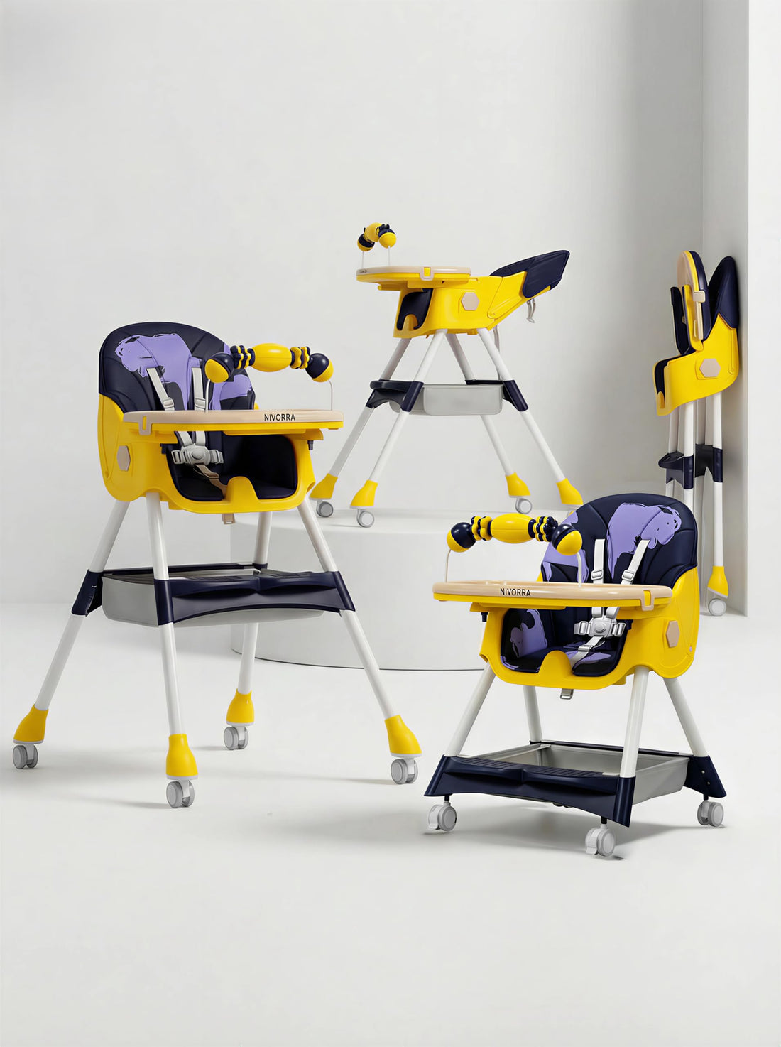Kids Topia V110 Foldable Baby Dining Chair – 3 Reclining Position Back, Detachable Double Tray, 5-Point Safety Harness, 360° Wheels with Brakes, Toy Bar, Storage Basket by Kids Topia (BLUE FLOWER)
