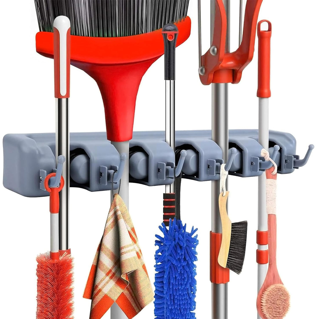 Dargoba Grey Metal Broom and Mop Holder, Wall Mounted, 11 Storage Spots, Heavy Duty, Non Slip, Versatile, Indoor/Outdoor Use