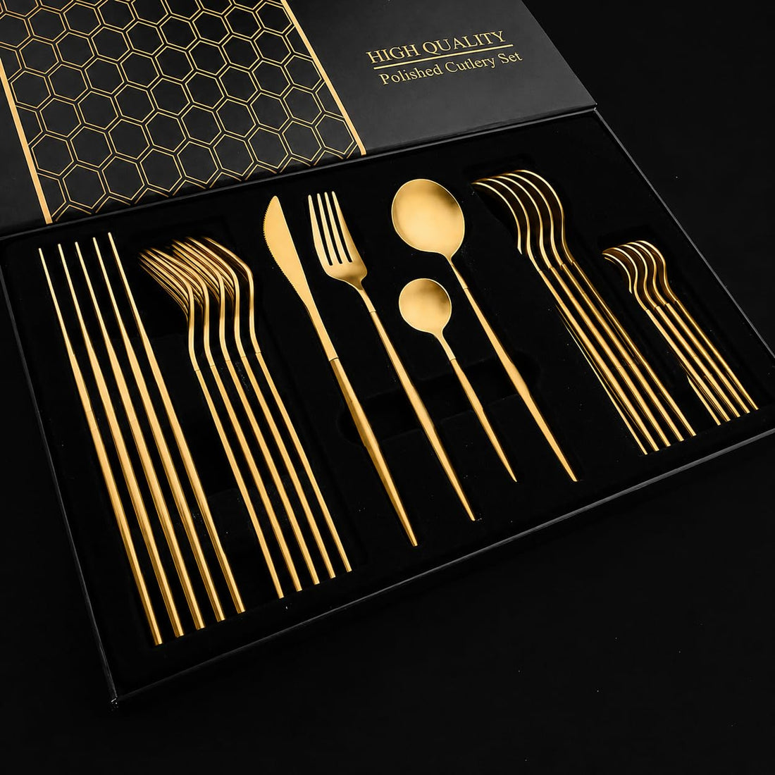 24-Piece Stainless Steel Flatware Set Service for 6 Include Knives Forks Spoons Cutlery Set for Kitchen Restaurant Dishwasher Safe (Gold)