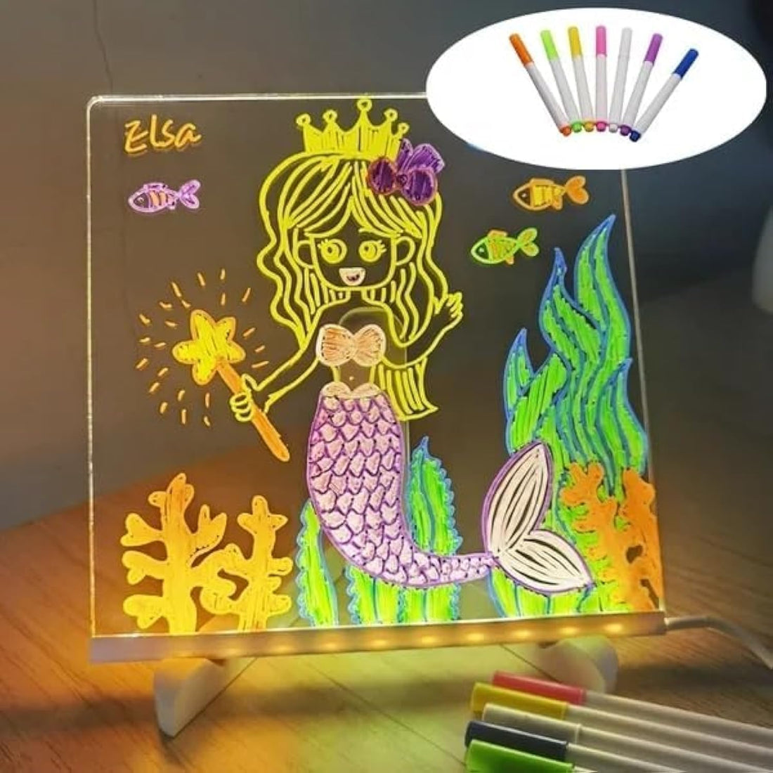 LED Note Board with Colors, Acrylic Dry Erase Board with Light, Light up Dry Erase Board with Stand as a Glow Memo, LED Letter Message Board Note Glass Led Board White Board(20CM X 20CM)(with 7 Pens)