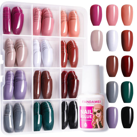 FANDAMEI 12 Colours 288 Pieces Artificial Nails for Gluing Medium Length, Smooth Coffin False Nails, Fake Nails, Acrylic Nail Tips, Artificial Fingernails Ballerina, with Nail Glue