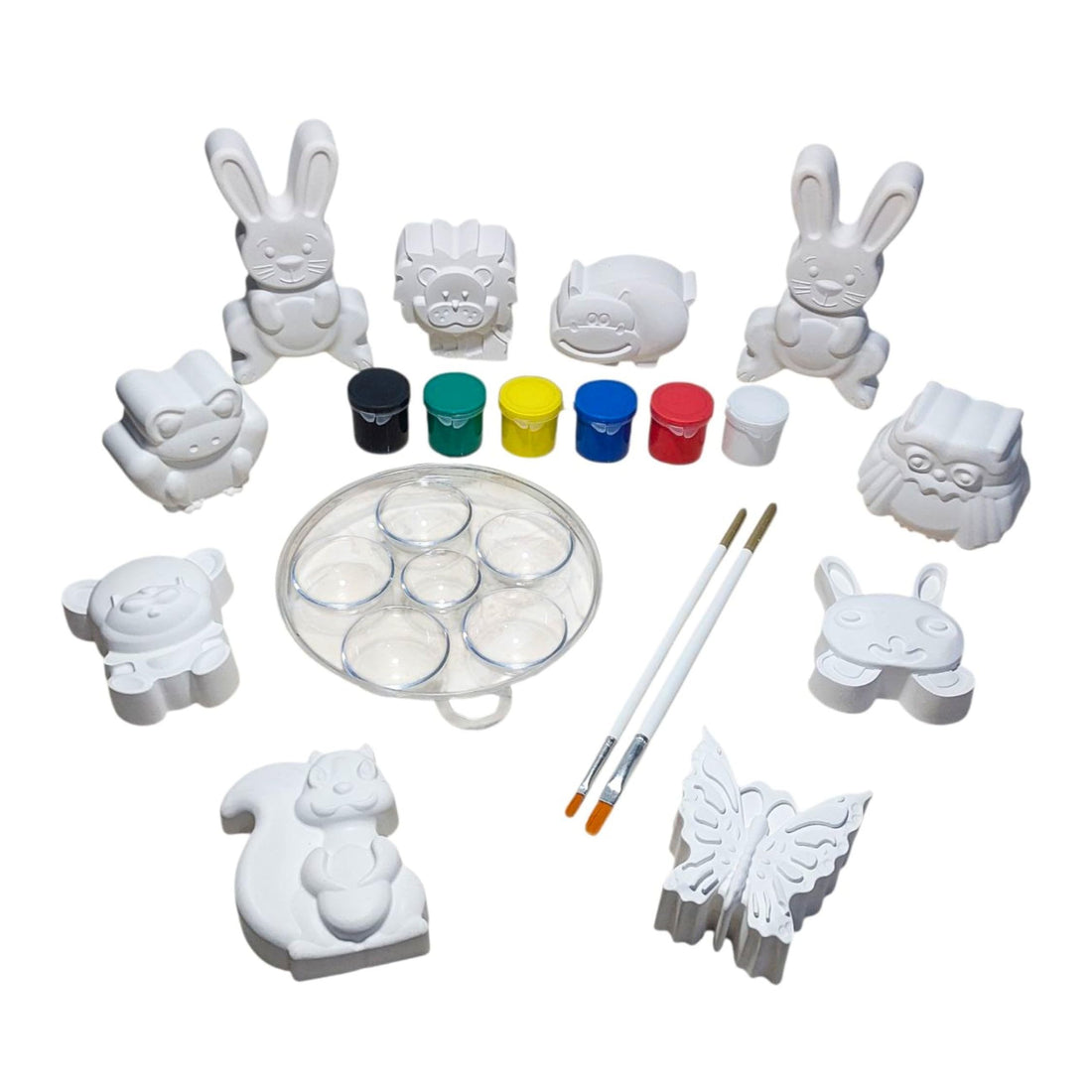 Gypsum Shapes for Coloring - 11 Animals - 6 Acrylic colors - Includes Bonus 2 Brushes and a Mixing Palette - Complete Art Set (20-Piece) to Replace Screens and Develop Children's Skills.