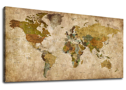yearainn Vintage World Map Canvas Wall Art Picture Large Antiqued Map of The World Canvas Painting Artwork Prints for Office Wall Decor Home Living Room Decorations Framed Ready to Hang 24" x 48"