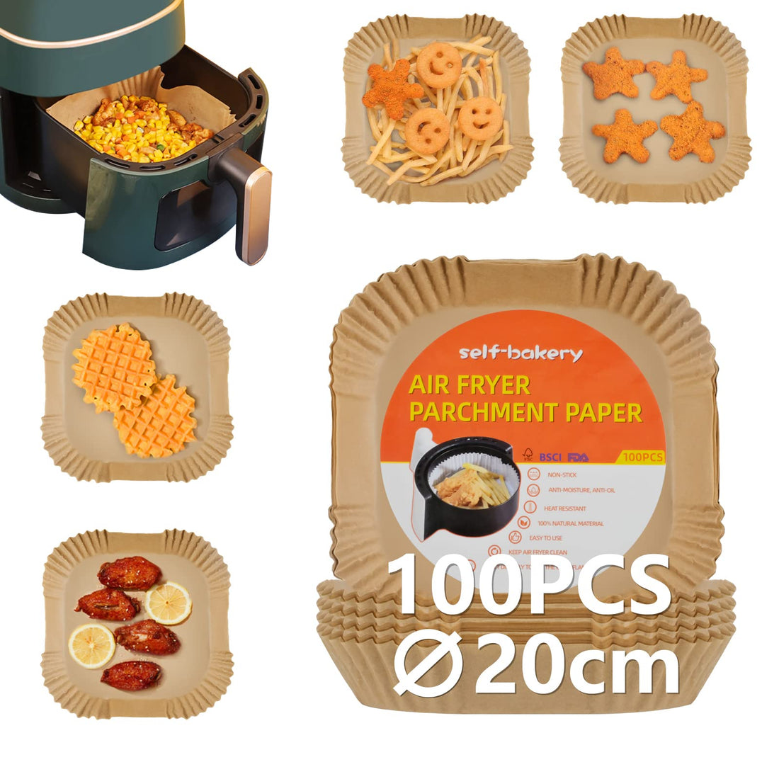 Baking Paper for Hot Air Fryer, Pack of 100 Airfryer Baking Paper Non-Stick Waterproof Oilproof Disposable Trays Air Fryer Parchment Paper Liner for Hot Air Fryer Frying Pan Oven Microwave (20 cm)