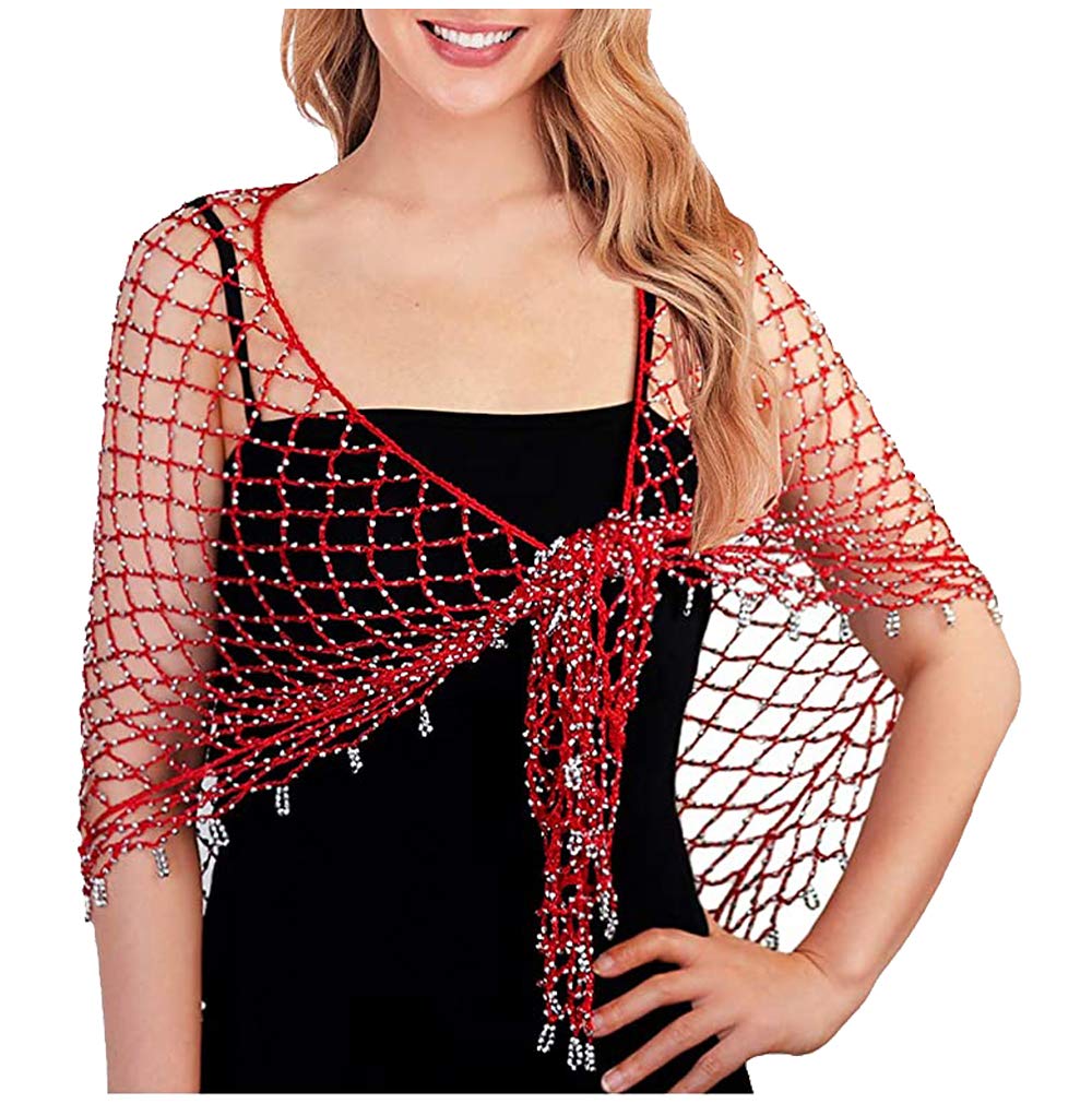 L'VOW Womens Crochet Knitted Beads Hollow Out Beach Sarong Wrap Cover Up Wedding Flapper Cape Shawl